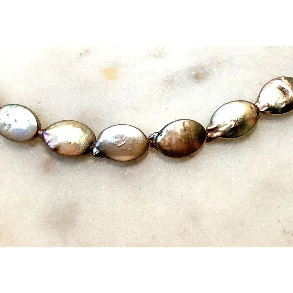 Freshwater Pearl Coin Necklace Pink Gold Green Purple Iridescent Baroque Pearls